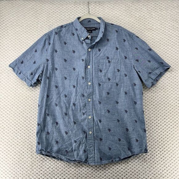 U.S. Polo Assn. Button Down‎ Shirt Pony Print Short Sleeve Light Blue L - Picture 2 of 7
